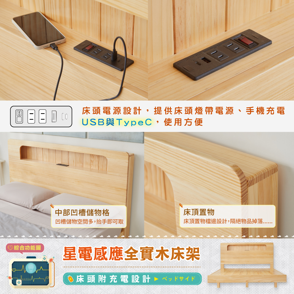 6尺星電感應-全實木床頭箱-柚木色（床頭附充電設計）