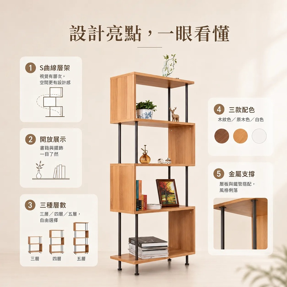 【S曲線五層架】萬用置物架