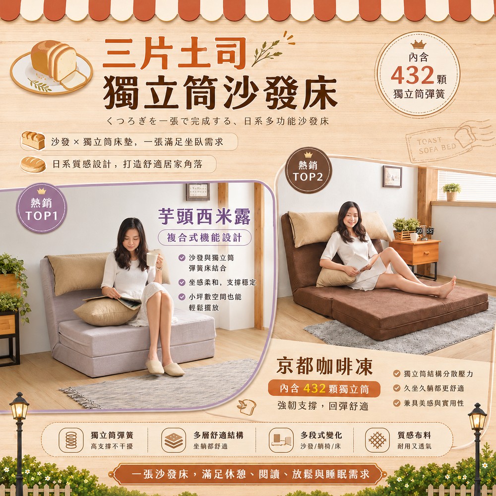 三片土司全獨立筒彈簧設計師沙發床