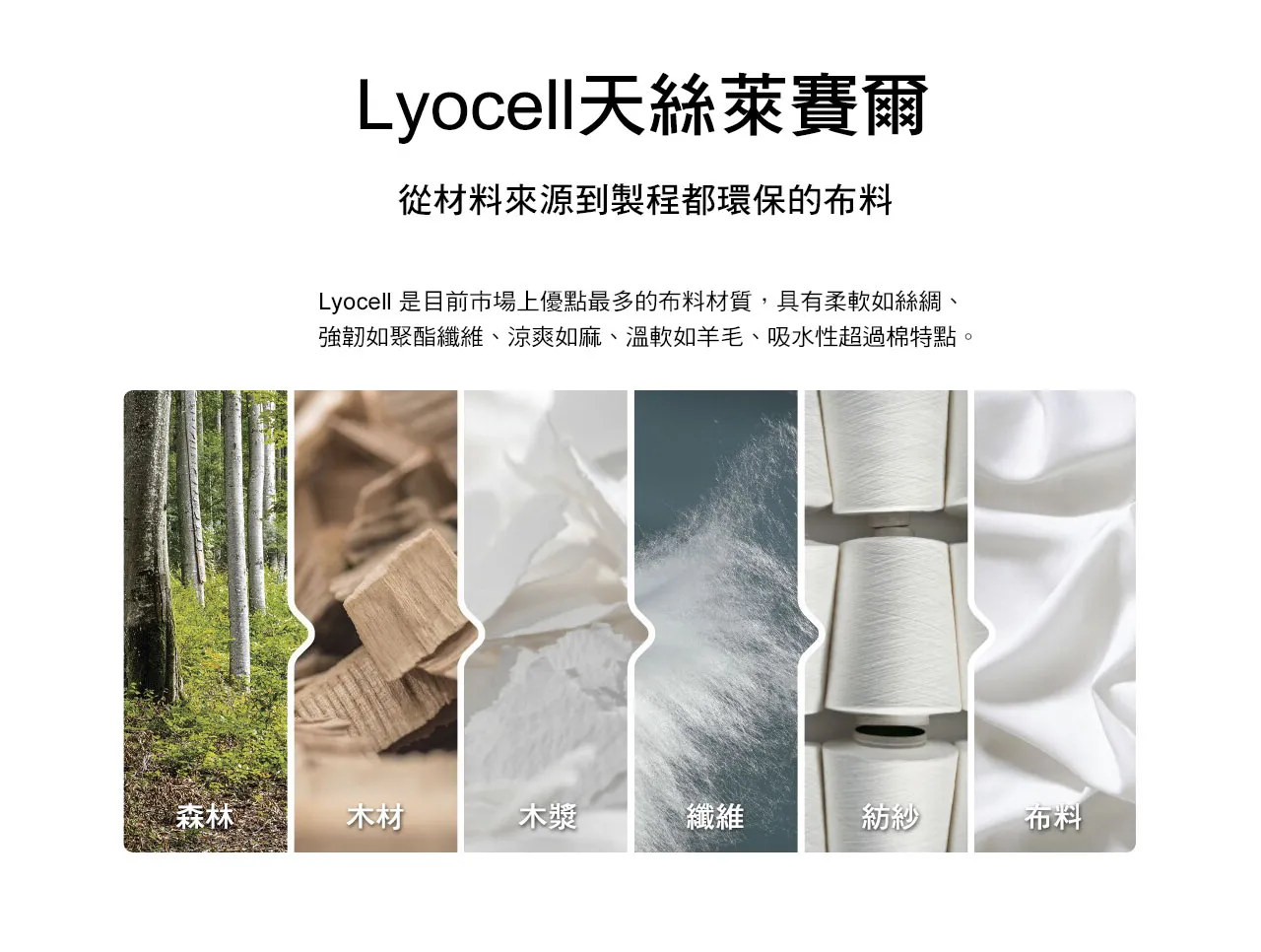 Lyocell天絲萊賽爾，從材料來源到製程都環保的布料，Lyocell 是目前市場上優點最多的布料材質，具有柔軟如絲綢、強韌如聚酯纖維、涼爽如麻、溫軟如羊毛、吸水性超過棉特點。